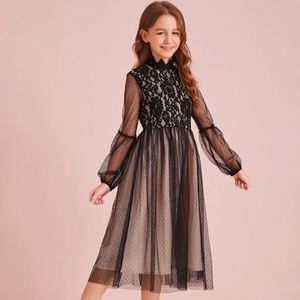 Mock Neck Lace Bodice Mesh Overlay Dress